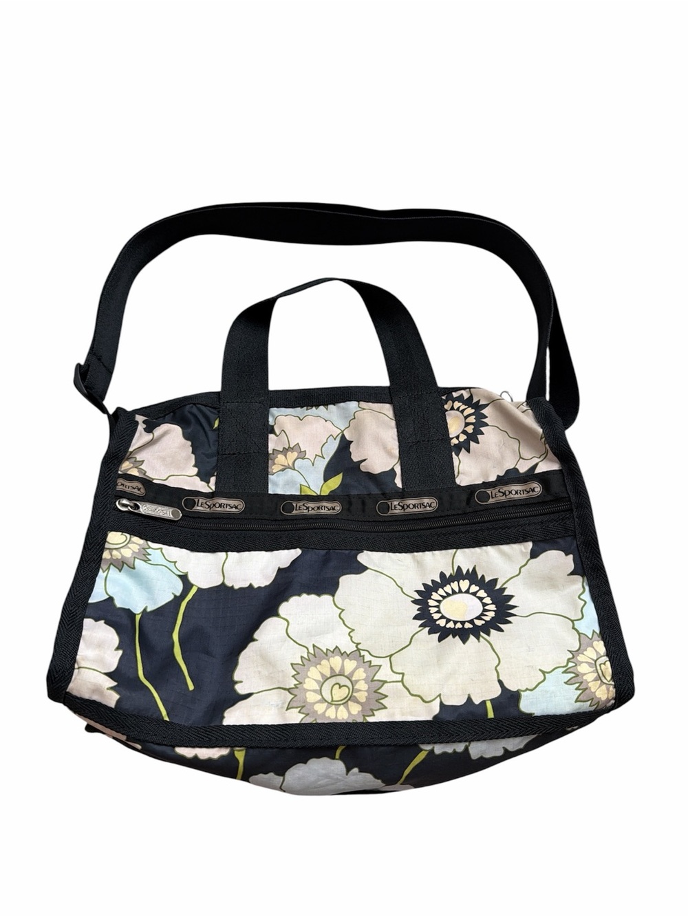 LeSportsac Black Floral Nylon Tote with Cream and Pale Blue Blooms